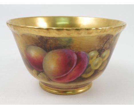 A Royal Worcester sugar bowl, hand painted with fruit to a mossy background by J Smith, with gilt interior, diameter 4.5ins