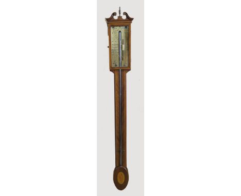 A mahogany stick barometer, the brass dial engraved Chas Aiano Fecit, with broken swan pediment, shell inlay to the oval base