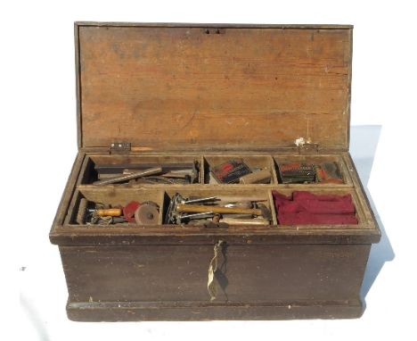 A 19th century Victorian painted pine carpenters chest and tools, to include various wooden planes, set of Sorby plough plane