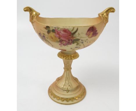 A Royal Worcester blush ivory boat shaped centre piece, decorated with flowers, raised on a column to a circular base, shape 