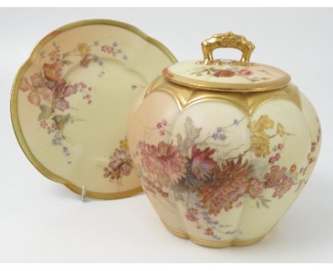 A Royal Worcester blush ivory covered cracker barrel and stand, decorated with flowers, shape number 1412, dated circa 1894, 