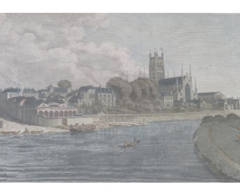 After Valentine Green, antique colour print showing the Royal China Manufactory in the city of Worcester, published 1795, 7.7