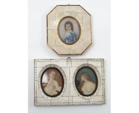 Dupre, a pair of oval portrait miniatures of young girls, one signed, diameters 3.25ins, together with a single framed miniat
