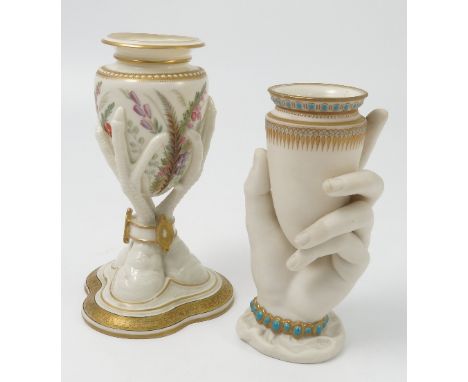 A 19th century Royal Worcester hand vase, with turquoise jewelling to the cuff, height 5.75ins, together with a Royal Worcest