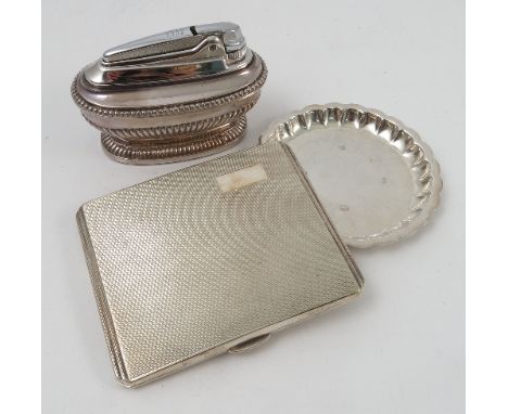 A hallmarked silver cigarette case, with engine turned decoration, together with a hallmarked silver dish of circular form, t