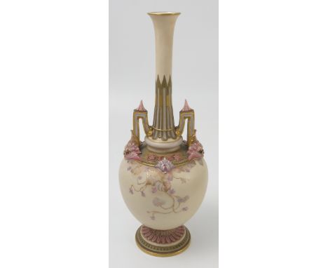 A Royal Worcester gilded ivory vase, decorated with flowers and well moulded in lilac and mauves, shape number 1403, dated ci