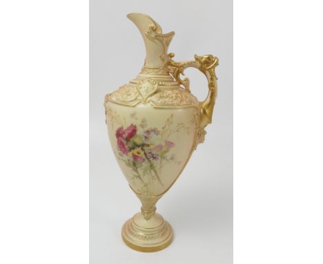 A Royal Worcester blush ivory ewer, decorated with thistles and flowers, bearing the monogram for Edward Rayby, shape number 