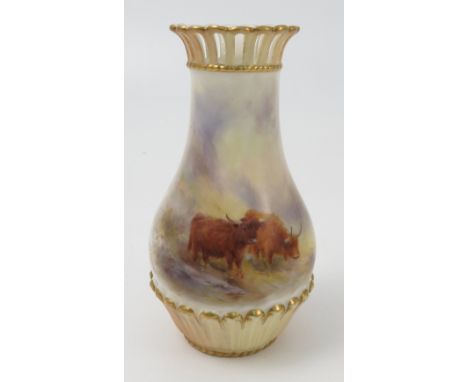 A Royal Worcester vase, decorated with Highland cattle by Harry Stinton, with pierced blush ivory neck, shape number G1061, d