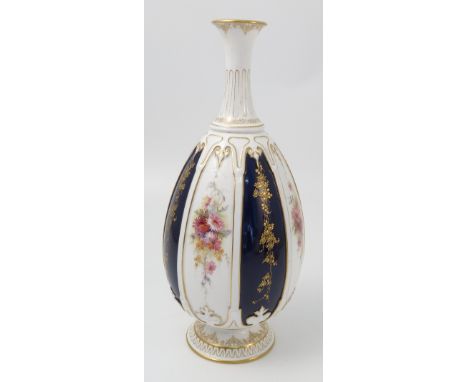 A Royal Worcester vase, decorated with alternating panels of flowers and a blue ground with gilt, shape number 1824, dated ci