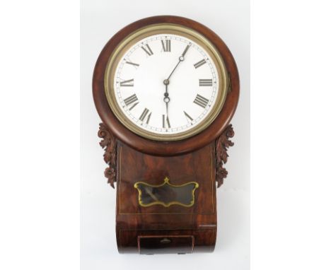 A Regency drop dial wall clock, with fusee movement, white enamel dial, dial diameter 12ins