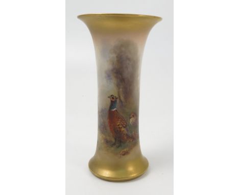 A Royal Worcester spill vase, decorated with a cock and hen pheasant by James Stinton, shape number G293, dated circa 1918, h