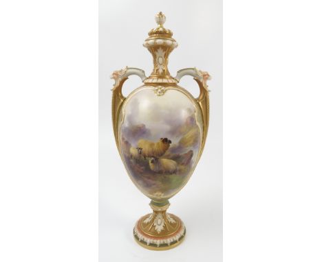 A Royal Worcester covered vase, with lion mask handles, hand painted to the front with three sheep in landscape, by Harry Dav