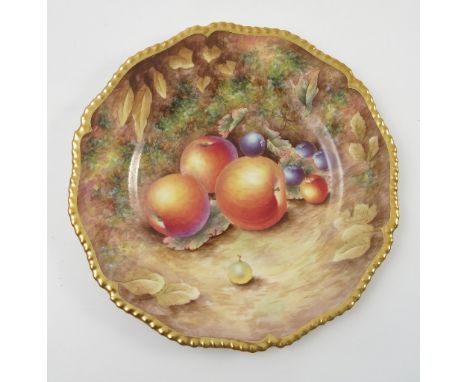 A Royal Worcester cabinet plate, hand painted with fruit to a mossy background by M Johnson, with shaped gilt edge, diameter 