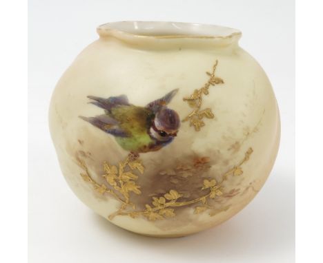 A Royal Worcester blush ivory globular vase, decorated with a blue tit to a wrythen moulded body, shape number G161, dated ci