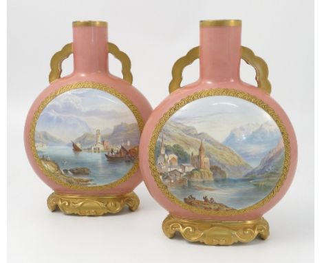 A pair of Royal Worcester pilgrim flask vases, decorated with a view of lake Como and Viege or Visb with Monte Rosa by Robert