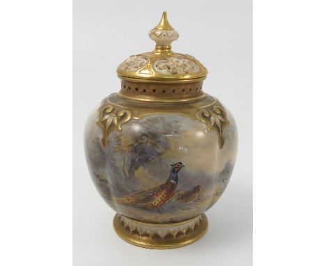 A Royal Worcester quarter lobed vase, decorated with a cock and hen pheasant by James Stinton, shape number G278, dated circa