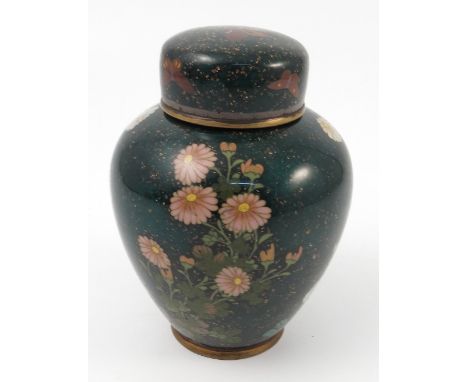 A Chinese cloisonne tea caddy, the dark green ground decorated with flowers and insects, height 6ins