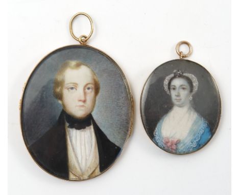 An oval miniature, of a 19th century gentleman, in black bow tie, waistcoat and black jacket, within a yellow metal opening l