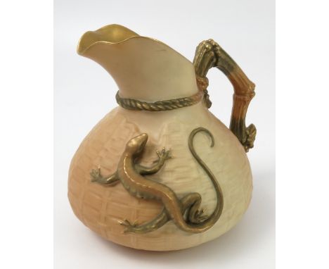 A Royal Worcester blush ivory lizard jug, with basket weave moulded body, shape number 1714, dated circa 1912, height 6ins