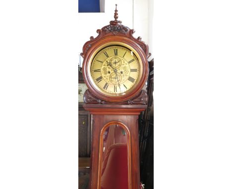 A mahogany long case clock,with circular gilt dial decorated with flowers, having two winding holes and two subsidiary dials,