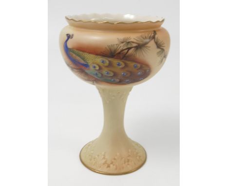 A Locke and Co Worcester pedestal vase, decorated with a peacock to a blush ivory ground by Bach, height 6ins