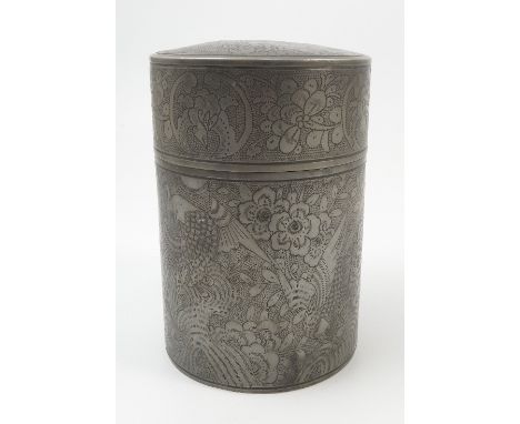 A Chinese Tehyee Pewter Swatow cylindrical tea caddy, with pull off lid and inner lid, engraved with flowers, birds and leave