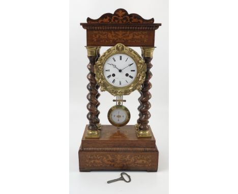 A 19th century French inlaid rosewood cased portico clock, by Hyams a Paris, the movement striking on a bell with visible gri