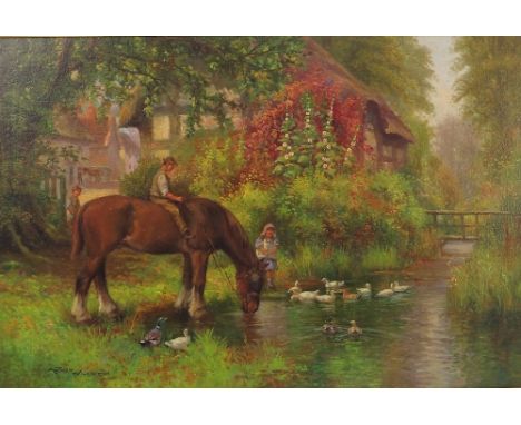 Arthur Wilkinson, oil on canvas, The Village Stream, rural scene with man astride a cart horse drinking from a stream with gi