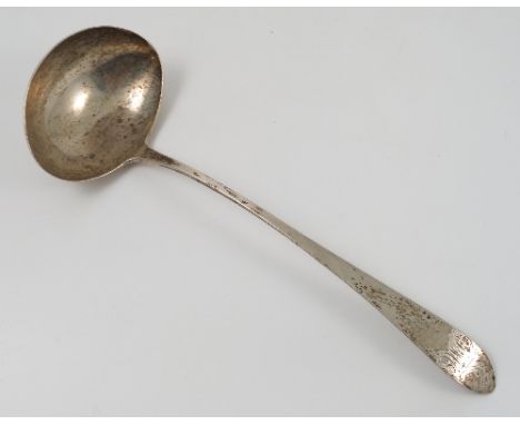 An Irish provincial silver soup ladle, engraved with a crest and initials, marked Gibson Sterling, maker Gibson of Cork, weig