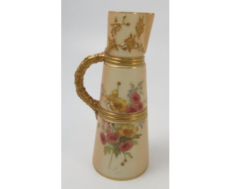 A Royal Worcester blush ivory claret jug, decorated with flowers, shape number 1047, dated circa 1908, af, height 7.5ins
 Con