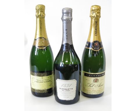 A bottle of Pol Aime Brut champagne, four bottles of Tesco premier cru champagne, a bottle of Blossom Hill sparkling wine, a 