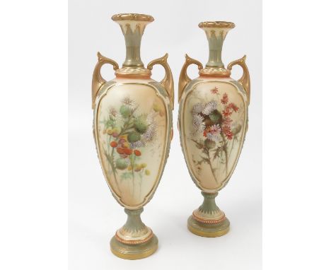 A pair of Royal Worcester blush ivory vases, with moulded green bands, decorated with thistles and flowers, paper label to ba