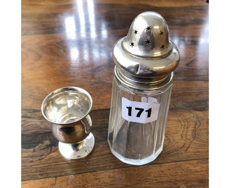 SILVER TOPPED SIFTER, SPOON AND CHRISTMAS EGG CUP