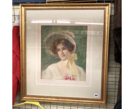 G H EDWARDS EXHIBITED 1883-1911 WATERCOLOUR PORTRAIT OF A FEMALE IN A SUMMER BONNET F/G 32CM X 38CM