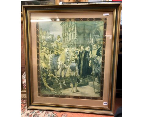 LITHOGRAPHIC PRINT QUEEN ELIZABETH OPENS THE FIRST ROYAL EXCHANGE F/G 54 X 64CM APPROX