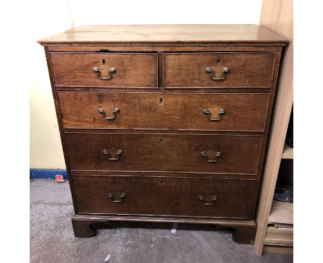 GEORGE III OAK CROSSBANDED CHEST OF TWO OVER THREE DRAWERS ON OGEE BRACKET FEET, HANDLES REPLACED (DIMENSIONS-W.92CM,H.100CM,