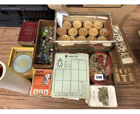 DOMINOES, CRIBBAGE  BOARD, VINTAGE MARBLES, LEXICON AND CARD GAMES