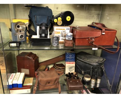 SHELF OF CAMERA AND PHOTOGRAPHY ACCESSORIES - CASES, FLASH ATTACHMENTS, TRIPOD, FILM LOADER, STRAPS, JOHNSON EXACTUM CONTACT 