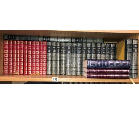 SHELF OF LEATHER BOUND FAMOUS NOVELS - JOHN MILTON, DANTE, FRANCIS KAFKA PLUS A SET OF HAMMOND INNES NOVELS