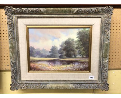 PAUL MORGAN OIL ON CANVAS FIGURES GATHERING FLOWERS IN A SUMMER LANDSCAPE SIGNED AND FRAMED 37 X 27CM APPROX