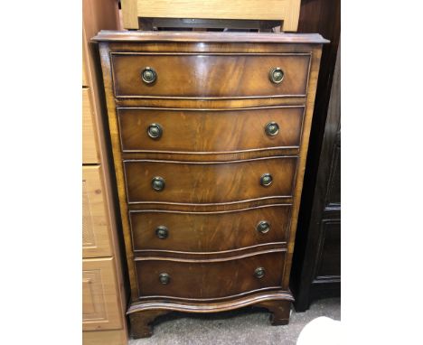 REPRODUCTION MAHOGANY SERPENTINE CHEST OF FIVE DRAWERS ON OGEE BRACKET FEET (DIMENSIONS-W.53CM,H.93CM,D.41CM APPROX)