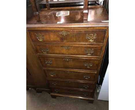 REPRODUCTION MAHOGANY CROSSBANDED SIX DRAWER CHEST ON BRACKET FEET (DIMENSIONS-W.55CM,H.104CM,D.38CM APPROX)