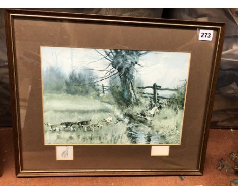 LITHOGRAPHIC PRINT AFTER MICHAEL LYNE 1954 OF PACK HOUNDS, SKETCH OF A HARE AND SIGNATURE ADDED F/G SEE DEDICATION VERSO 33CM
