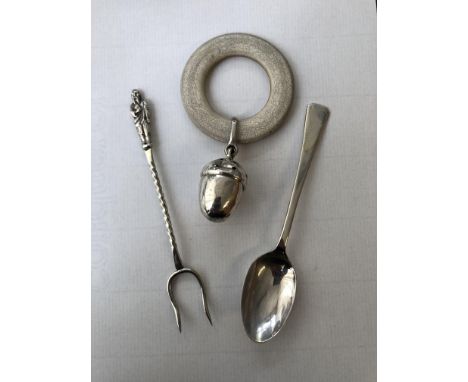 SILVER PICKLE FORK, SILVER MOUNTED BABY'S RATTLE AND SPOON