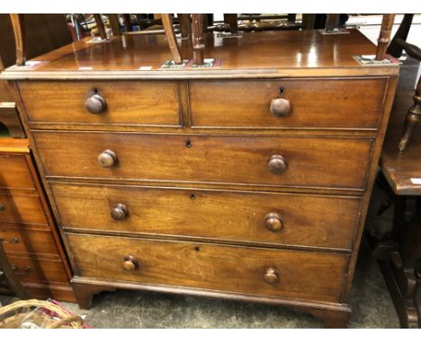 19TH CENTURY MAHOGANY TWO OVER THREE DRAWER CHEST ON BRACKET FEET, FRONT MOULDING A/F BUT INCLUDED