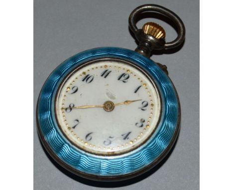 A LADIES SMALL SILVER AND ENAMEL WATCH. 