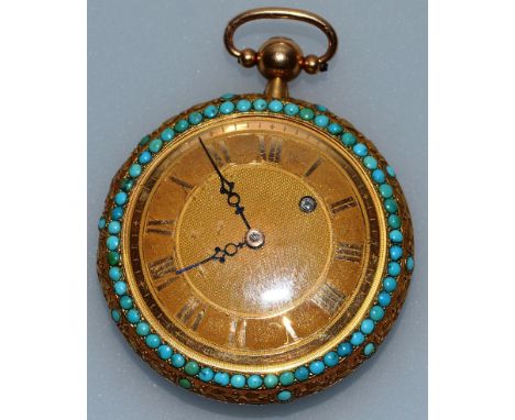 A GOOD 18CT GOLD AND TURQUOISE FRENCH POCKET WATCH with engine turned dial, the case surrounded by turquoise seed pearls, flo