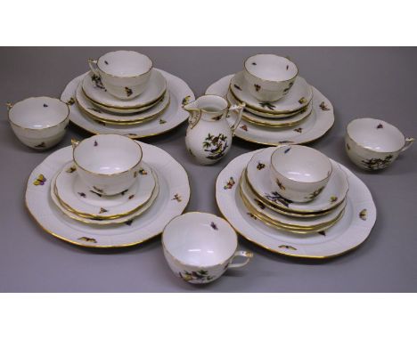 A HEREND PART DINNER AND TEA SERVICE painted with birds and insects comprising eight 10-inch plates, six 6½-inch plates, five
