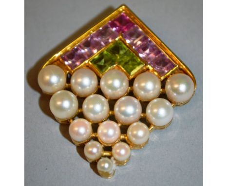 A GOOD ART DECO 18ct GOLD, PEARL AND SEMI-PRECIOUS STONE BROOCH. 