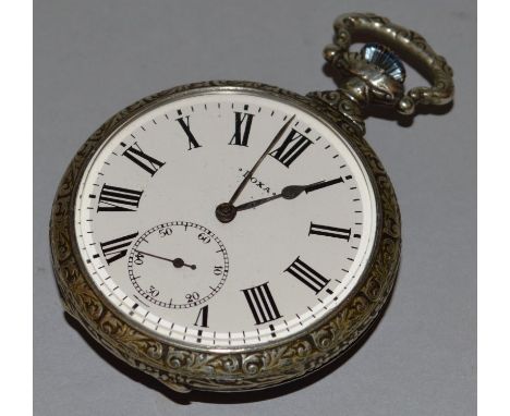 AN ENAMEL BACKED MASONIC POCKET WATCH. 